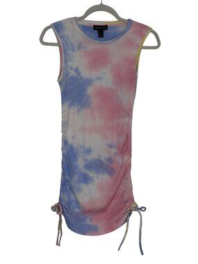 Streetwear Society Mini Dress Ruched Cinch Rib Knit Bodycon Tie Dye Pink Blue L